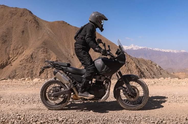 The Himalayan 750 is expected to be powered by a larger engine that will be based on the 650cc parallel twin engine. Himalayan 750 off road saddling shot
